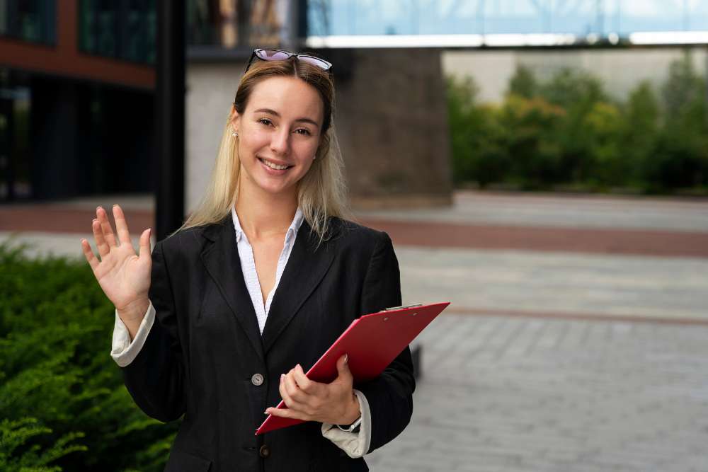 Smiling professional woman holding a clipboard and waving outdoors — representing reliable logistics virtual assistant services for freight and supply chain support.


